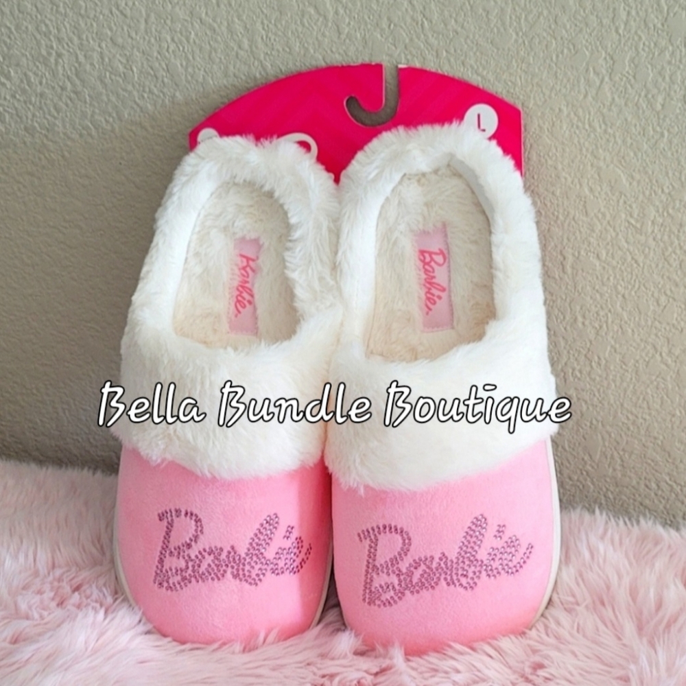 SOFT FUZZY PINK RHINESTONE BARBIE SLIPPERS